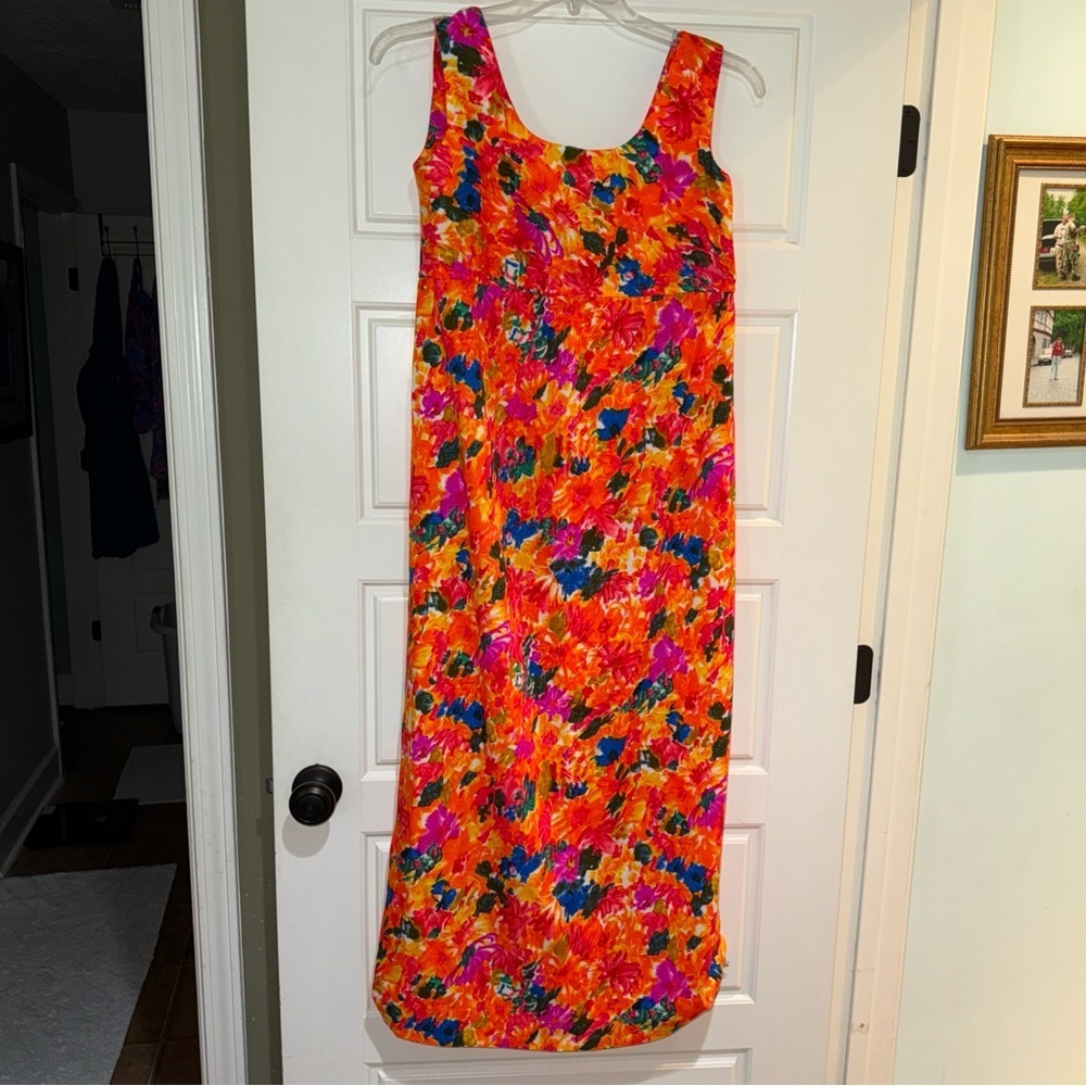 Vibrant Floral Maxi Dress vintage Hawaiian M handmade unique beach